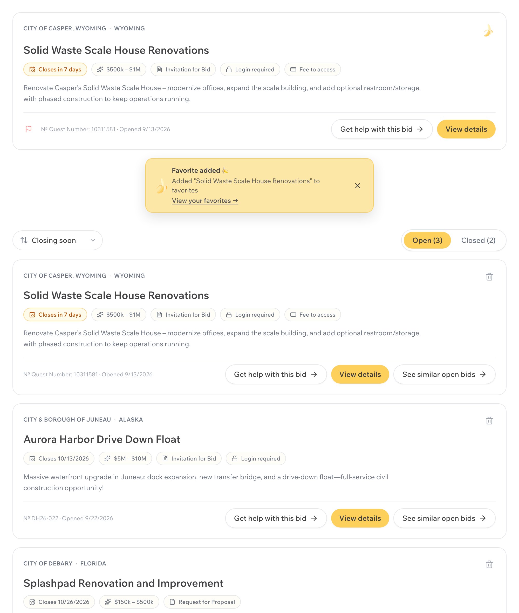 Saving a bid in Bid Banana: a search result with its banana switched on and the "Favorite added" confirmation, then the favorites queue with Open and Closed tabs, sorted by closing date.
