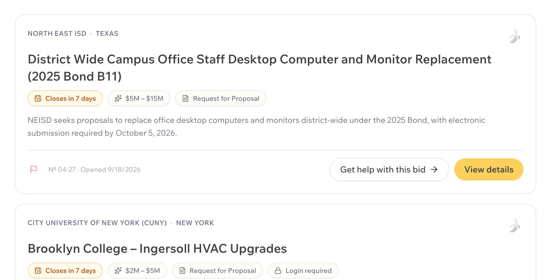 A Bid Banana result card for Brooklyn College's HVAC upgrades at CUNY: the closing date, a $2M–$5M budget range, request for proposal, login required, and a one-line summary.